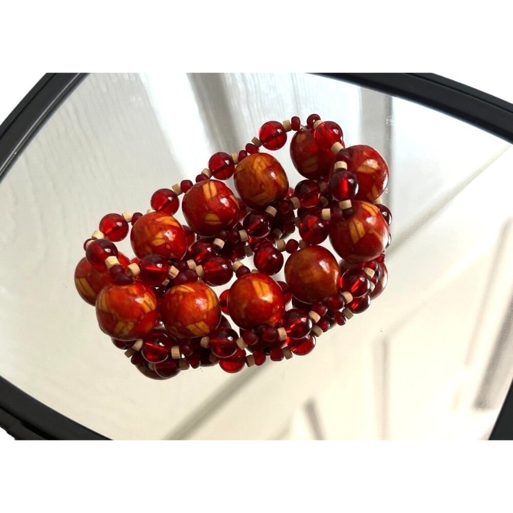 Tribal Beaded Double Strand Stretch Bracelet Red and Yellow Marble Womens